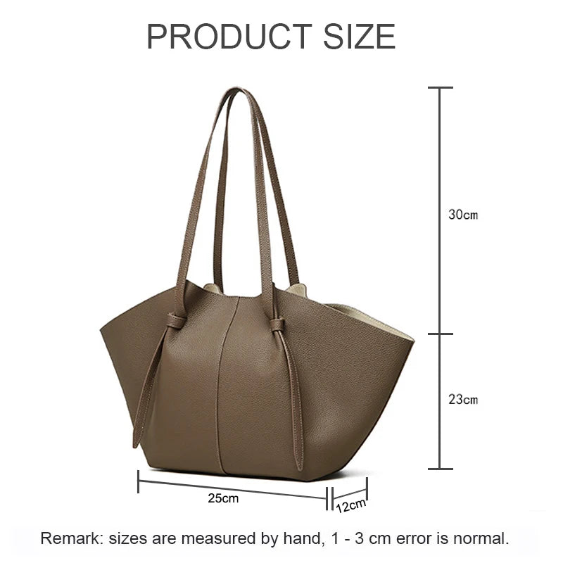 New Women's Large Capacity Cowhide Tote Fashionable Bat Wing Design Genuine Leather Handbag for Commuting Versatile Ladies Bag