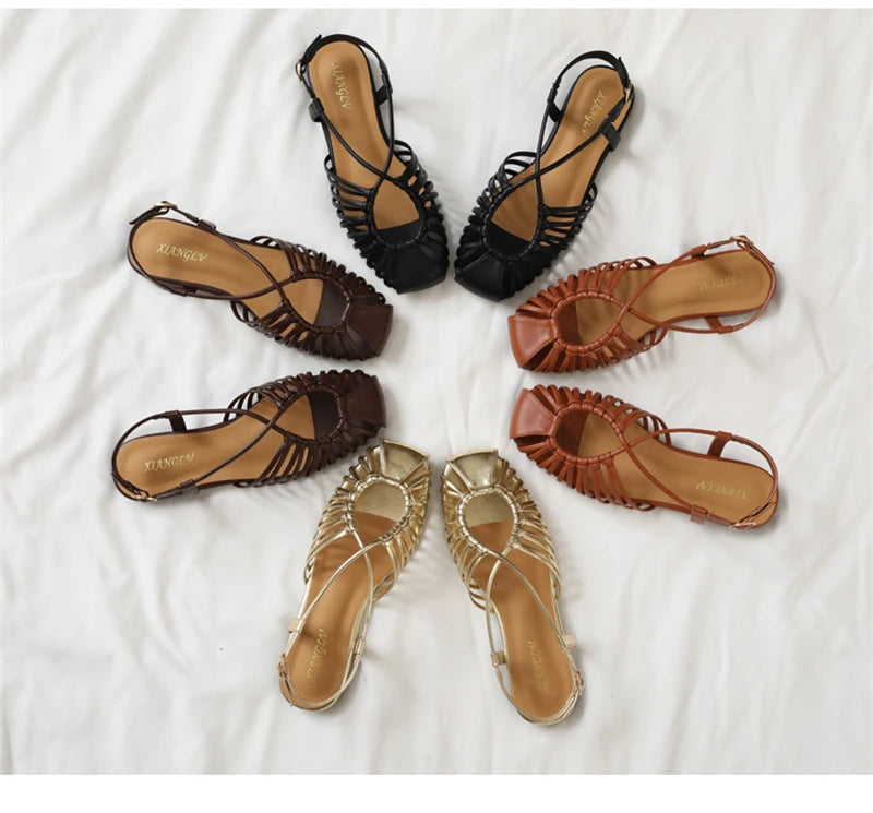 Women's Narrow Band Roman Flat Sandals — Buckle Strap Gladiator Beach Shoes