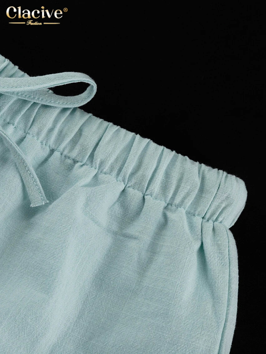 Clacive Fashion Loose Blue Cotton Home Women's Two Pieces Set 2025 Elegant Long Sleeve Shirt With High Waist Shorts Set Female