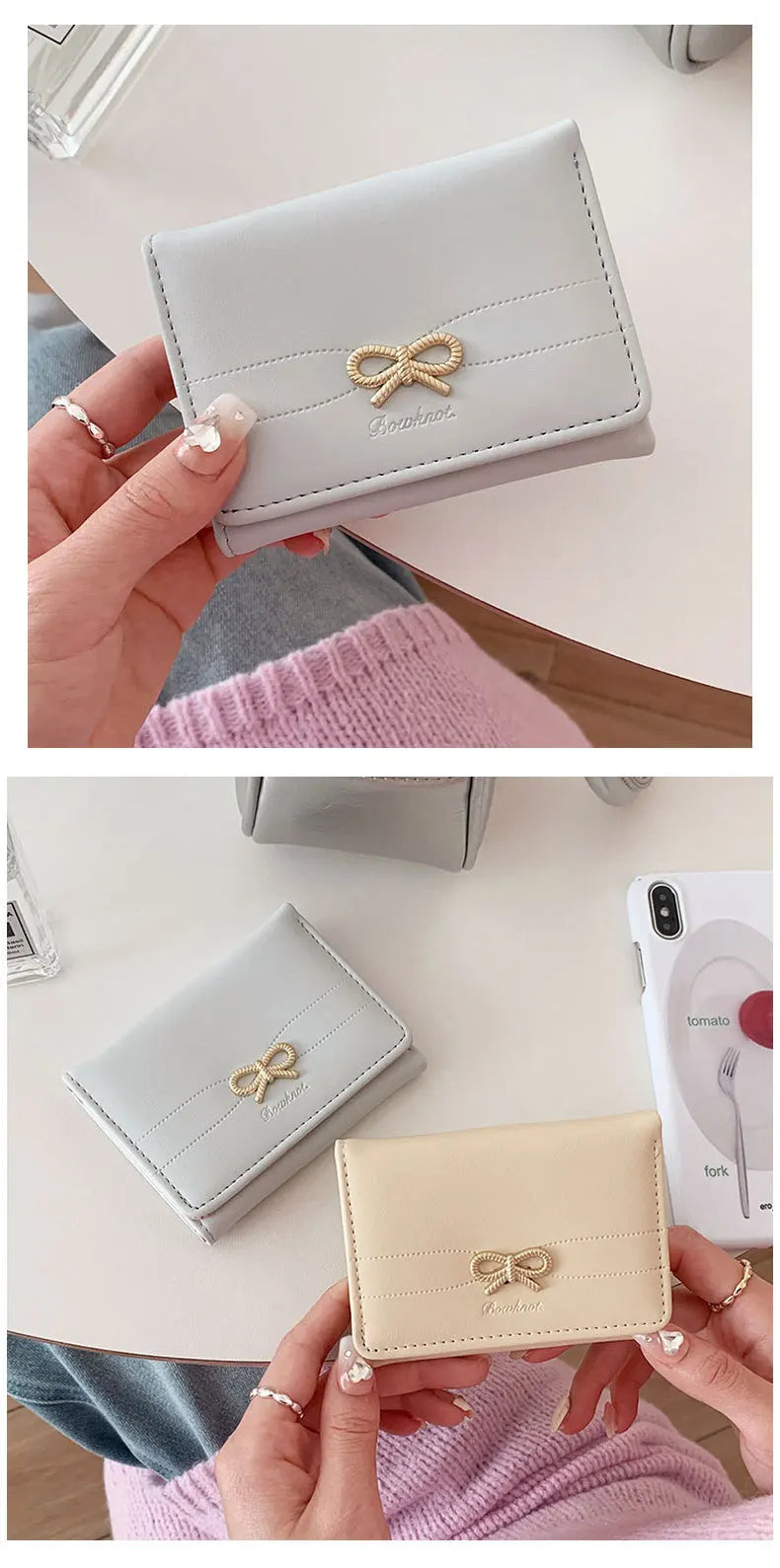 Fashion Wallets Girls Cute Bow Small Wallet Aesthetic Card Holder Classic Three Fold Purse For Women Student Simple Coin Pouch