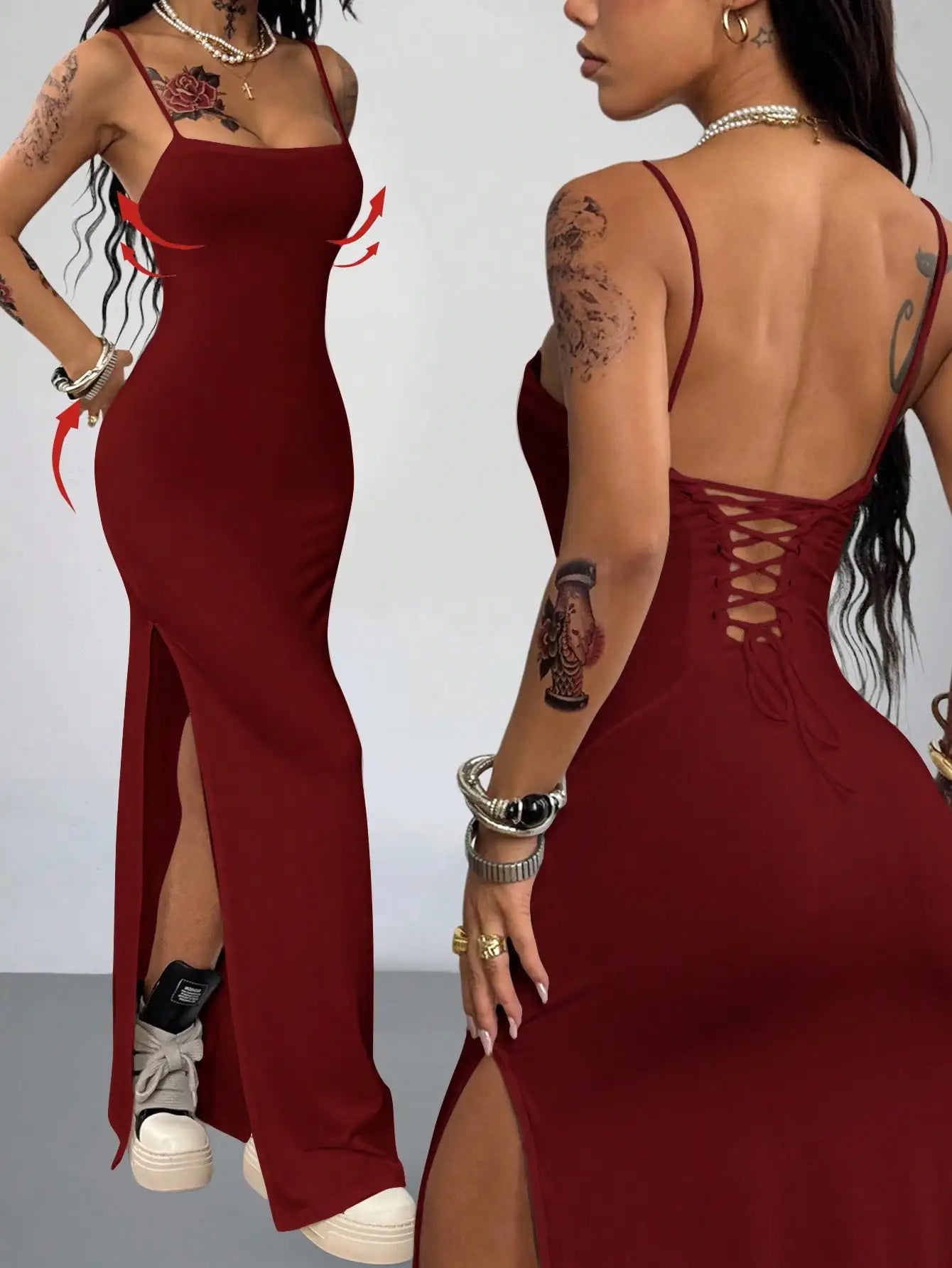 Y2K Woven Tape Split Maxi Dress