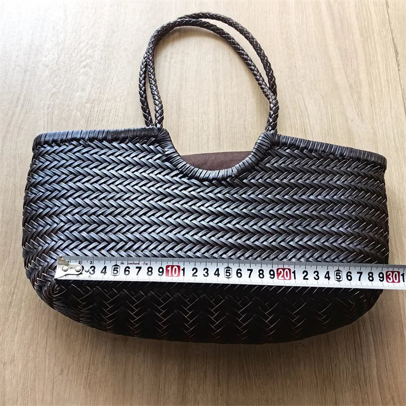 Luxury Designer Genuine Leather Cowhide Hand-woven Tote Bag High Quality Vintage Women's  Vacation Travel Beach Shoulder Bag