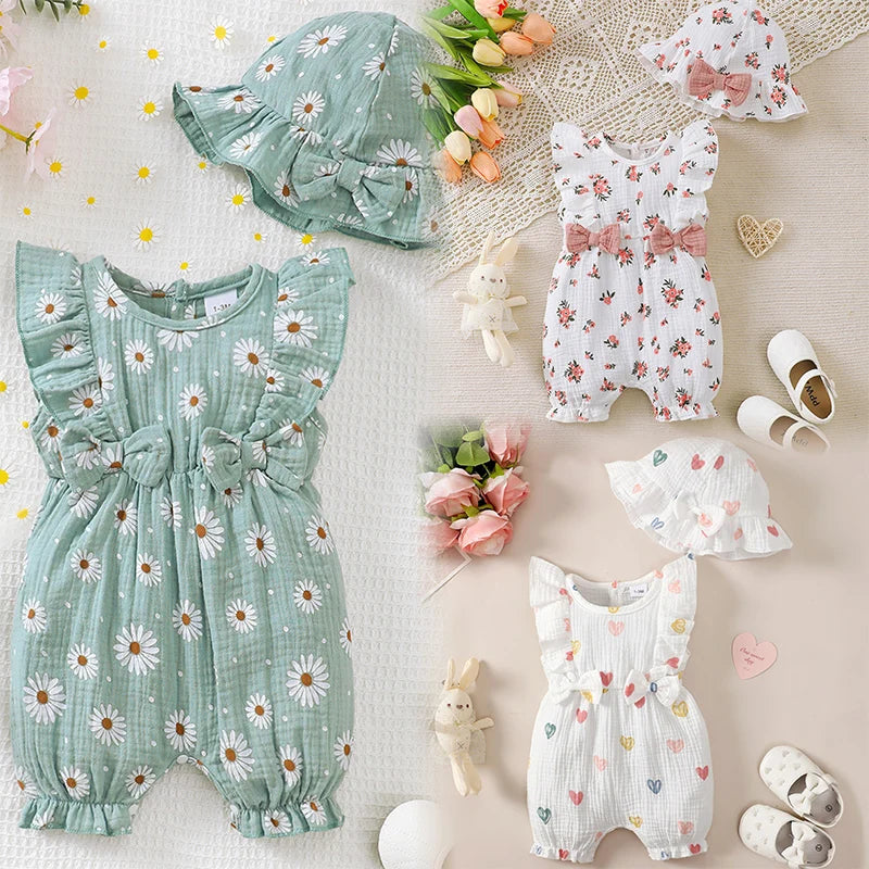 0-18 Months Baby Girl Clothes Set 2Pcs Daisy Print Romper Ruffle Bow Jumpsuit + Hat Summer Infant Newborn Casual Clothing Outfit