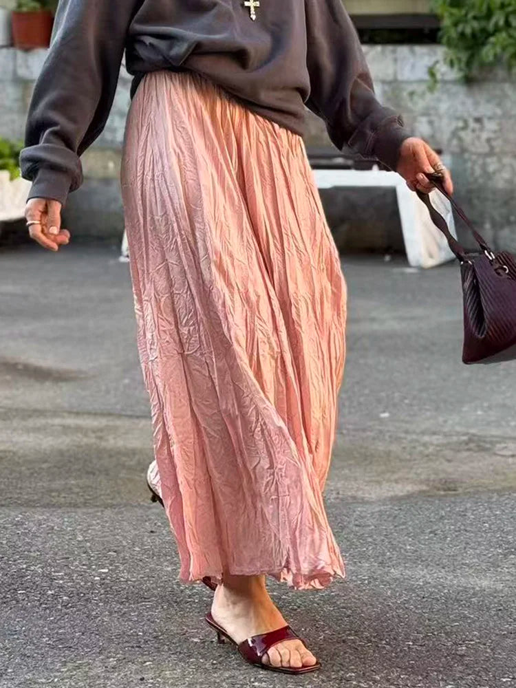 Women's Pleated Maxi Skirt – Elegant A-Line Beach Style