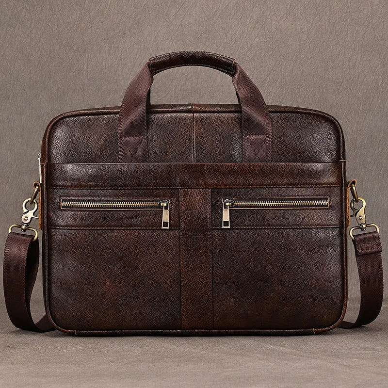 Luufan Genuine Leather Men's Business Handbag 15" Laptop Briefcase Bag Male A4 Document Shoulder Message Computer Bag Work Tote