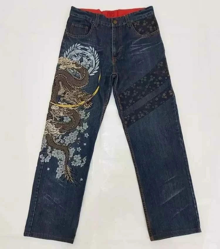 Harajuku Dragon & Snake Embroidered Wide-Leg Jeans