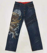 Harajuku Dragon & Snake Embroidered Wide-Leg Jeans