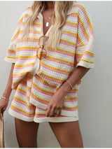 2025 Summer Women'S Hollow Striped Knitted 2 Pieces Set Short Sleeve Flip Collar Cardigan Single Breasted Casual Shorts Suits