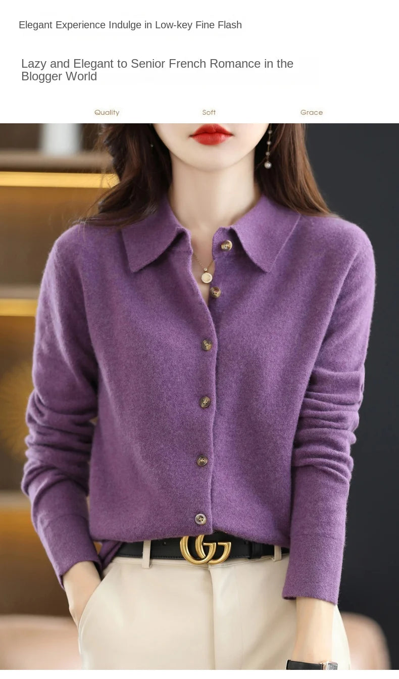 Polo Collar Spun Wool Cardigan – Elegant Single-Breasted Knit Jacket