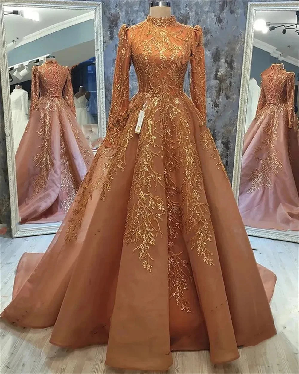 Luxury 3D Appliqué High-Neck Evening Gown | Formal