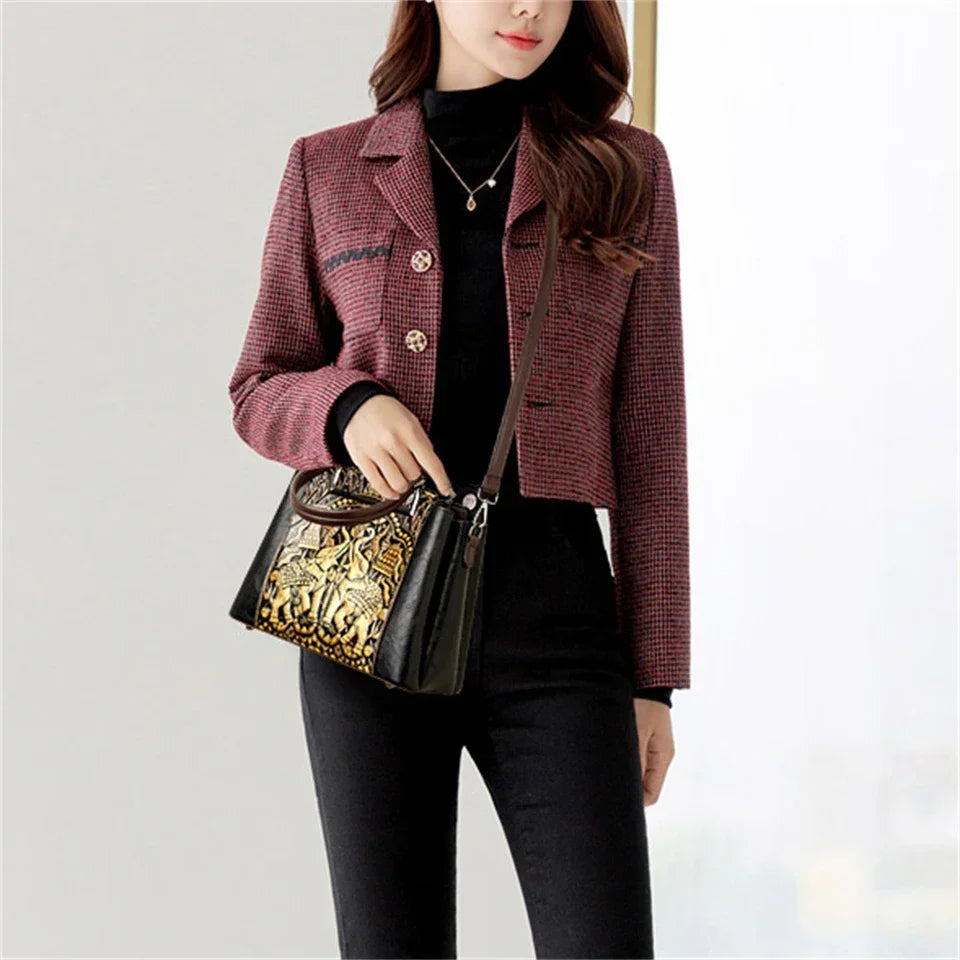 New Vintage Embossed Handmade Handbag For Women Versatile PU Leather Shoulder Bag 3 Layers Large Capacity Crossbody Bags Female