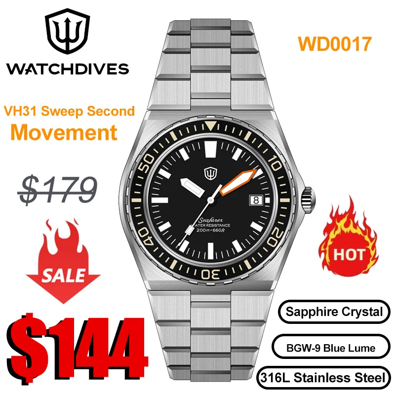 Watchdives WD0017 Watch VH31 Sweep Second Movement Stainless Steel Sapphire Crystal Business Wristwatch Vintage Watches