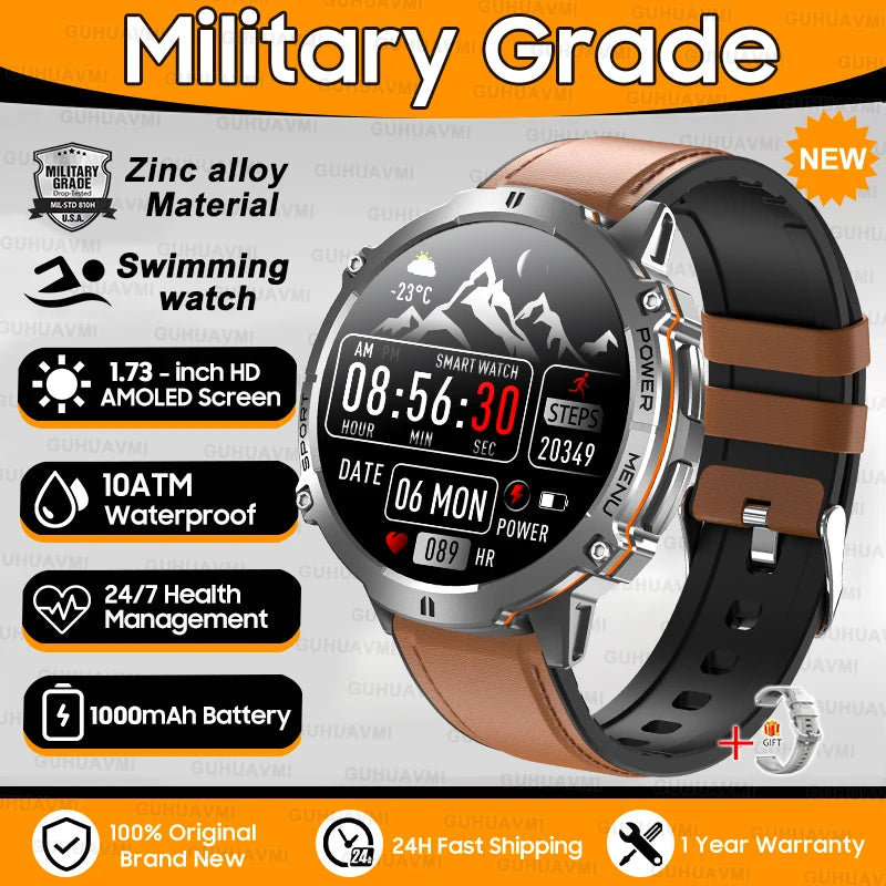 2025 New 1000mAh Battery Sports SmartWatch 1.73" AMOLED Screen 10ATM Waterproof Compass Altimeter Military T-Rex3 Smartwatch Men