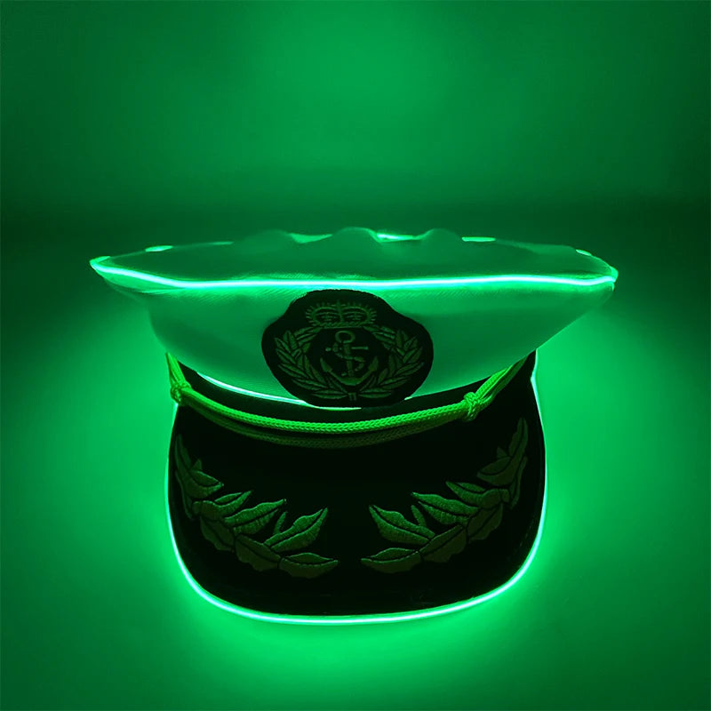 New Luminous White Sailor Captain Yacht Caps Wheat Embroidery LED Glow Navy Marine Hat Men Women Cosplay Halloween Costume Hats