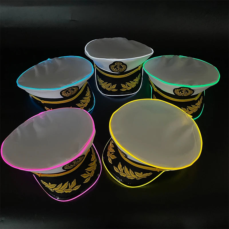 New Luminous White Sailor Captain Yacht Caps Wheat Embroidery LED Glow Navy Marine Hat Men Women Cosplay Halloween Costume Hats