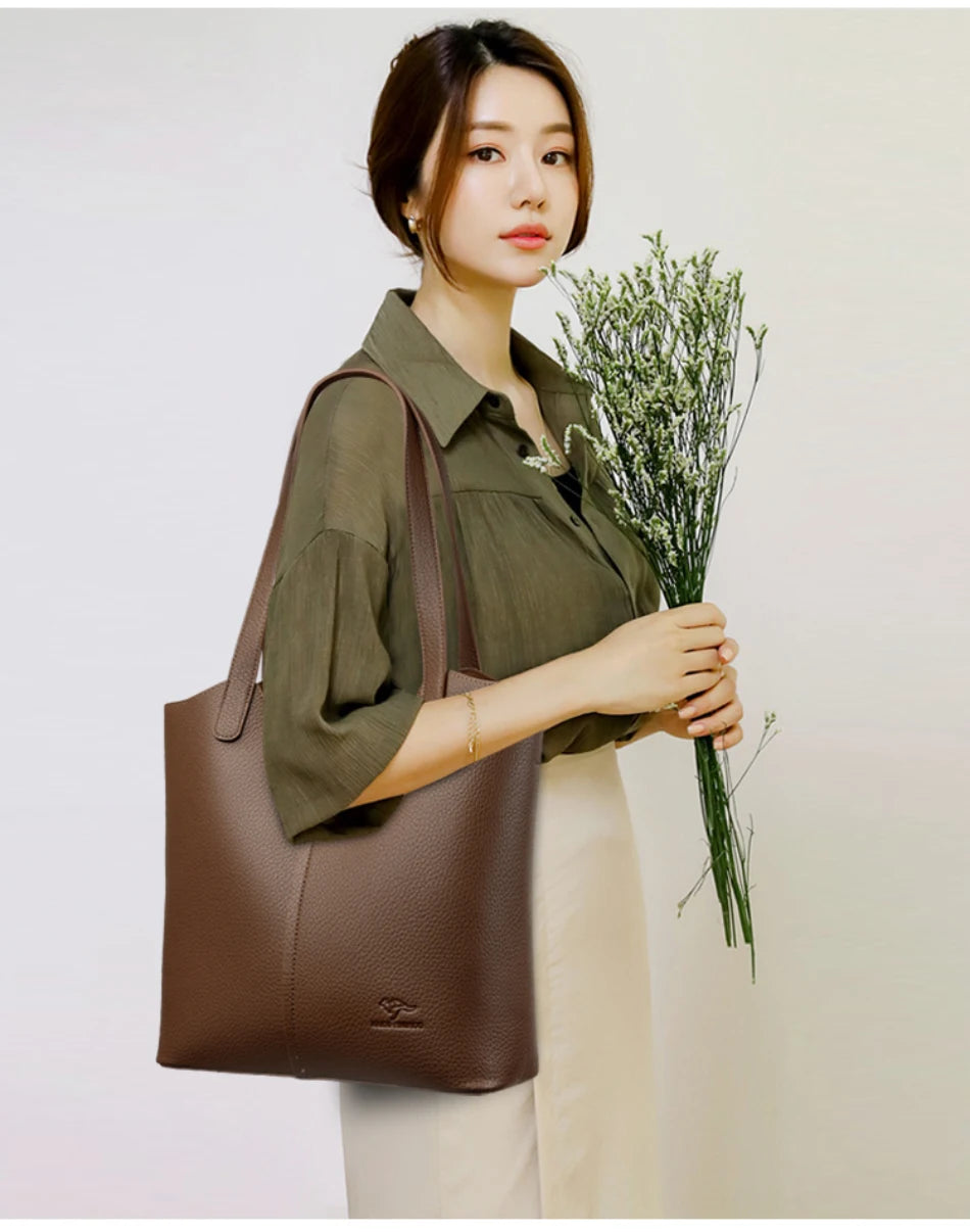 Genuine Brand Soft Leather Shoulder Bag For Women Casual Tote Bag Female Solid Color Purse Simple Design Handbag Commuting Sac