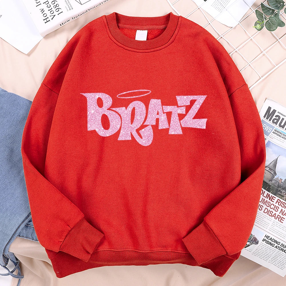 Pink Cartoon Letters Bratz Print Sweatshirts Mens Casual Fleece Clothes Creativity Warm Hoodie Autumn Loose Streetwear Pullover