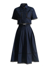 TWOTWINSTYLE Solid Two Piece Sets For Women Lapel Short Sleeve Tops High Waist A Line Skirt Slimming Sets Female Fashion Style