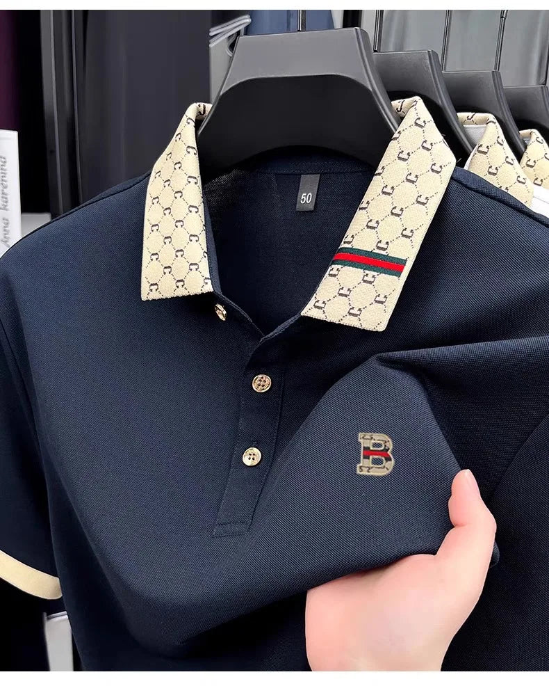 B Letter Embossed Short Sleeve Polo Shirt for Men