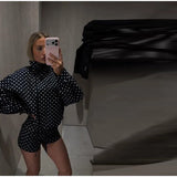 Fashion Navy Polka Dot Shorts Set For Women Casual Stand Collar Zipper Jacket & High Waist Shorts Lady 2026 Spring Chic Outfits