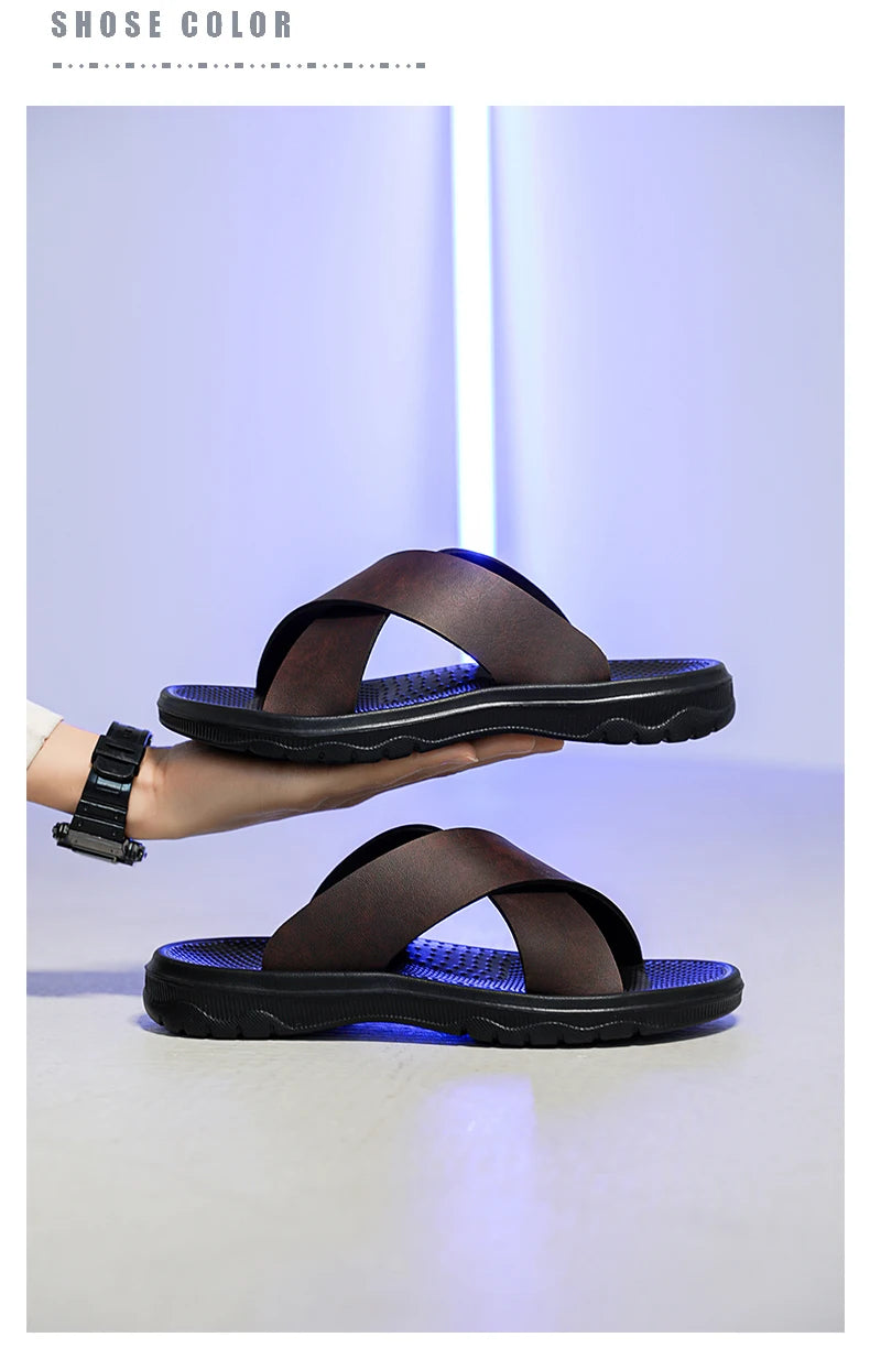 Mens Leather Slippers Comfortable Breathable Summer Big Size Sandals for Men with Soft Sole