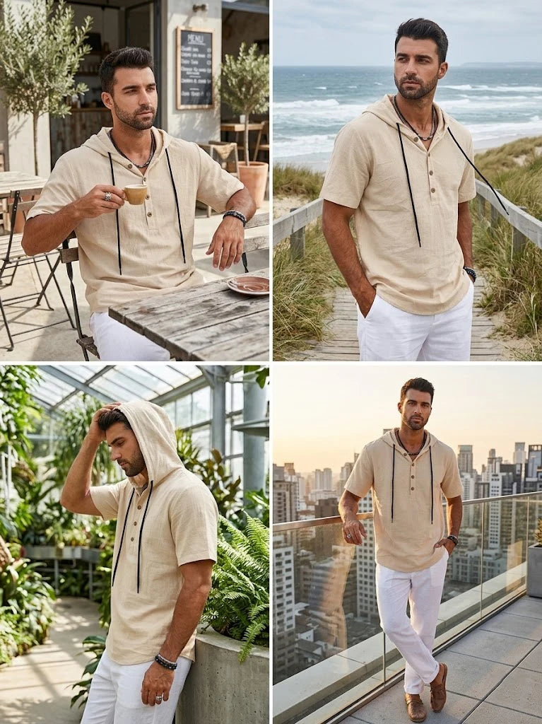 Men's Linen Cotton Hooded Shirt — Lightweight Short Sleeve Button Top