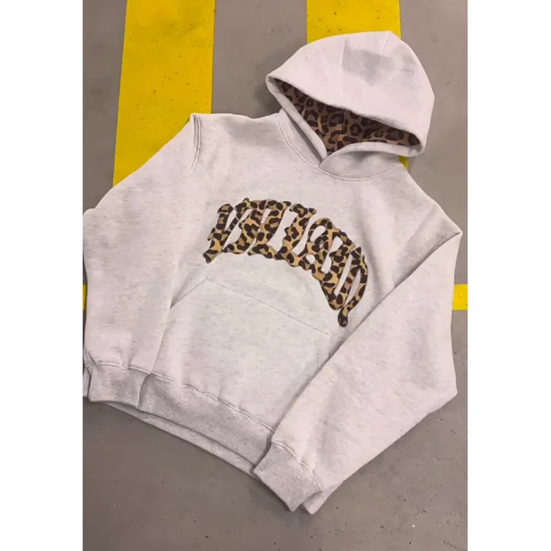 2025 European and American New Trendy High Street Leopard Print Loose Hooded Sweatshirt Casual Stacking Sweatpants