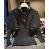 Miyake Pleated Sweatshirt Pit Stripe Zipper Standing Collar Jacket Women 2025 New Casual Pullover Hundred Pleat Skinny Tops
