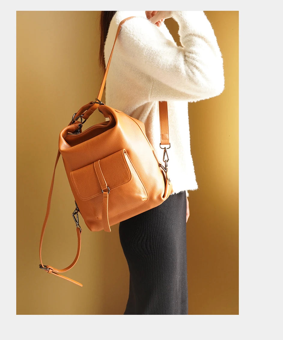 Zency Stylish Women Shoulder Bag 100% Genuine Leather Large Capacity Handbag Multifunction Satchel Bag Backpack Brown 2 in 1 Bag