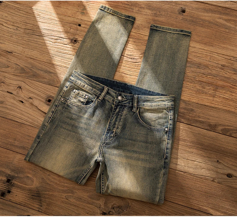 2026 European Trendy Brand Yellow Mud Jeans Men's Retro Old Slim Fit Fashion Long Pants Autumn and Winter Thick Pants