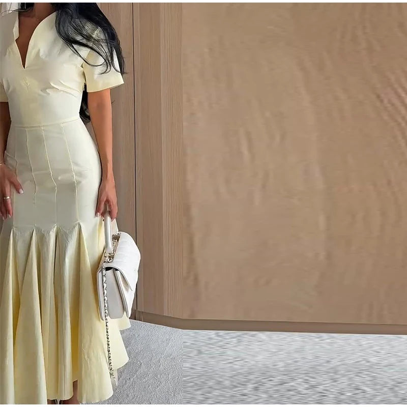 Women Fashion Solid Dress V-neck Ruffles Hem Short Sleeves Waist-cinching Draped Empire Dresses Summer Chic Elegant Summer Gown