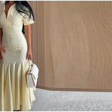 Women Fashion Solid Dress V-neck Ruffles Hem Short Sleeves Waist-cinching Draped Empire Dresses Summer Chic Elegant Summer Gown