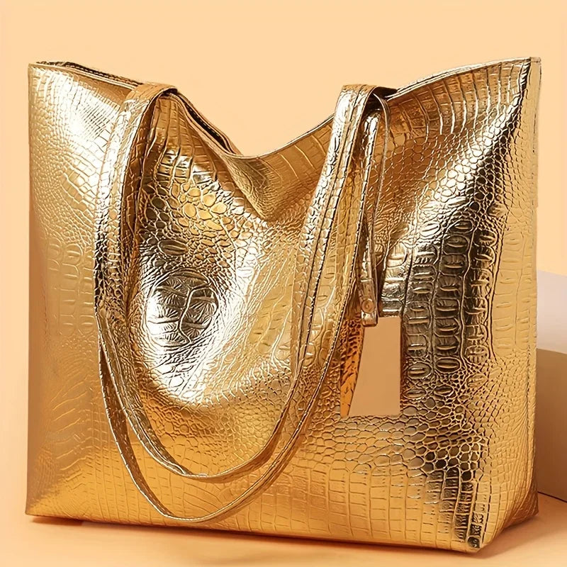 Women's Metallic PU Leather Tote Bag with Zipper