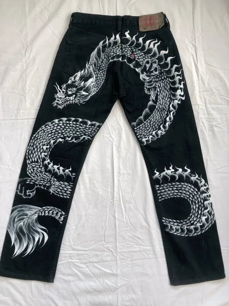 Harajuku Dragon & Snake Embroidered Wide-Leg Jeans