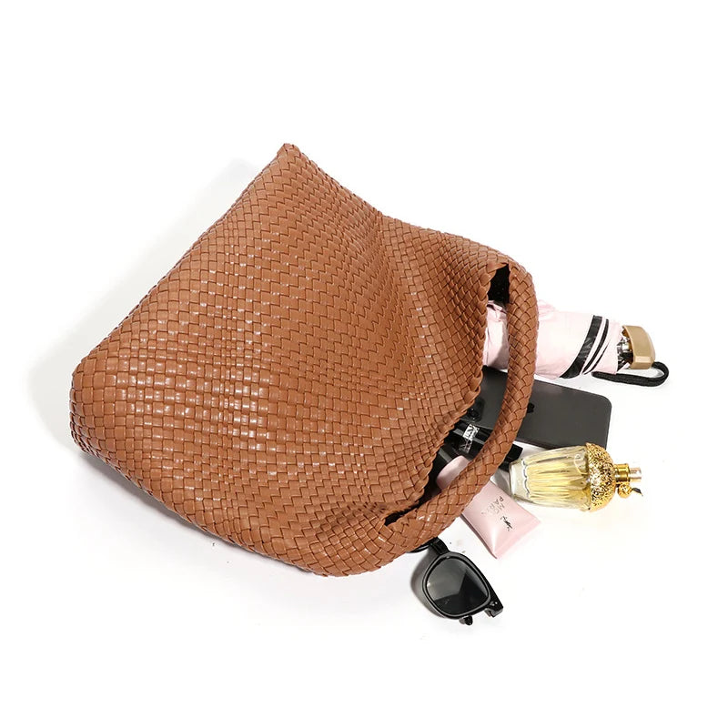 2025 Women Bag Luxury PU Leather Handbag Lady Fashion Handmade Knitting Tote Female Hand-woven Basket Shoulder Bag with Purse