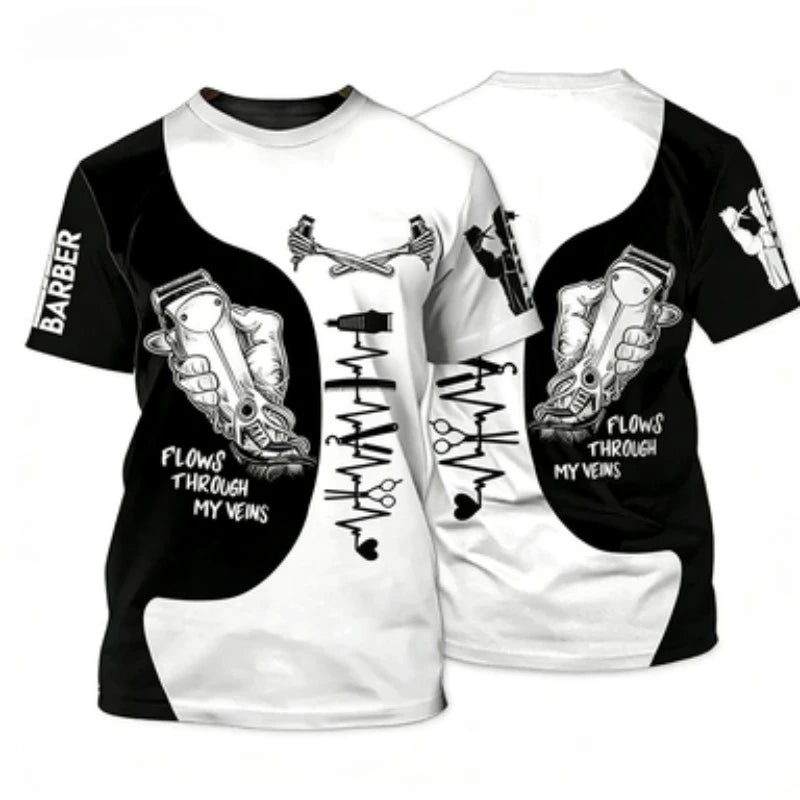 Men's Barber-Style Graphic Tee | Round Neck Short Sleeve