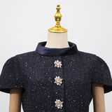 VGH Chic Two Piece Sets for Women Stand Collar Short Sleeves Spliced Pocket Tweed Top High Waist Maxi Skirts Vintage Suit Female