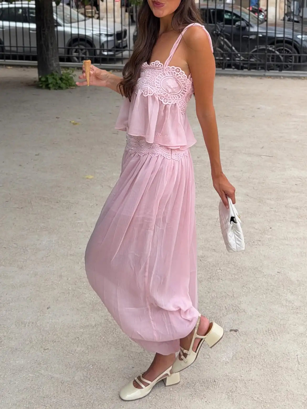 Women Floral Lace Sheer Layers Skirt Set Suspenders Ruffle Top High Waist Maxi Skirts 2026 Summer Beach Vacation Female Outfits