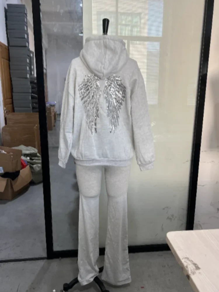 Trendy Creative Hooded Sweatshirt Wing Patterns Chic Designed Fashion Casual Long Sleeved Tops Versatile Women's Autumn Wear