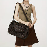 Retro tote bag motorcycle bag soft PU leather large capacity shoulder bag Y2K punk multi pocket crossbody bag