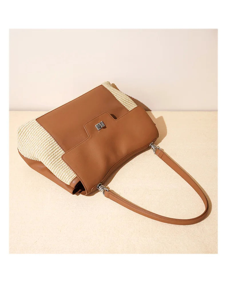 Summer 2026 Women's Raffia Woven Tote Bag Split Leather Crossbody Straw Messenger Bag Grass Weaving Shoulder Bag for Ladies New