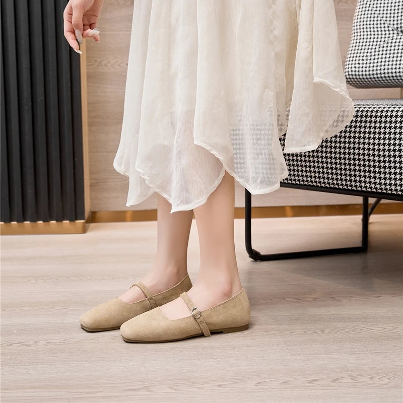 AIYUQI Women's Genuine Leather Square-Toe Ballet Flats