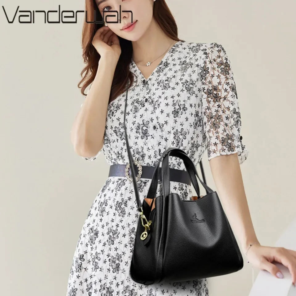 Genuine Brand Sturdy Durable Soft Leather Top-handle Bags Female Handbags Women 3 Layer Shoulder Crossbody Totes Messenger Bag