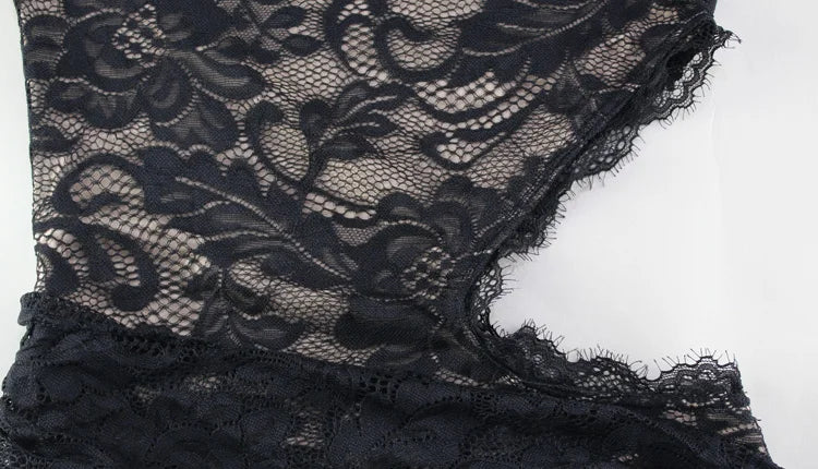Elegant Lace One-Shoulder Mini Dress | Sheer Long Sleeve Streetwear