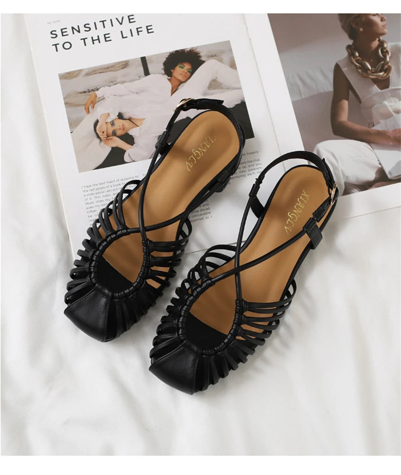 Women's Narrow Band Roman Flat Sandals — Buckle Strap Gladiator Beach Shoes
