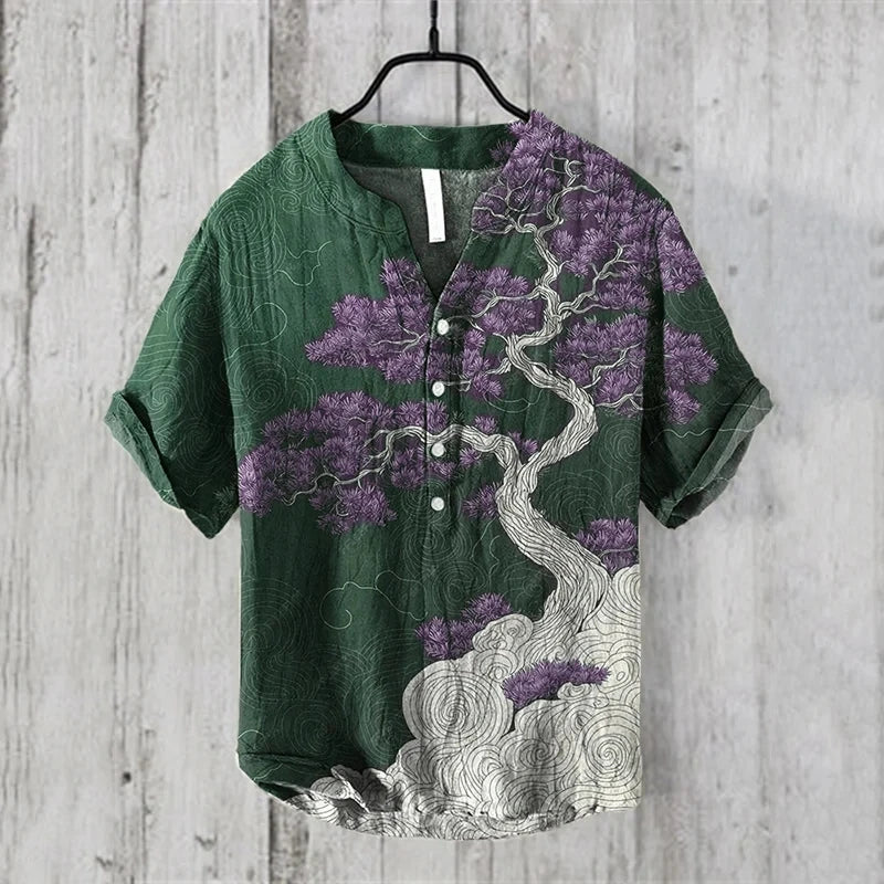 Men’s V-Neck Linen Blend Short Sleeve Shirt