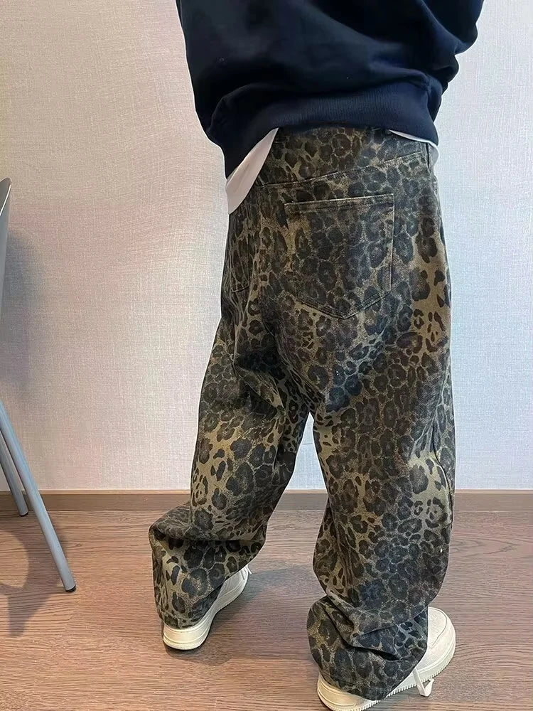 Men's Leopard Print Wide-Leg Denim Jeans