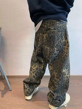 Men's Leopard Print Wide-Leg Denim Jeans