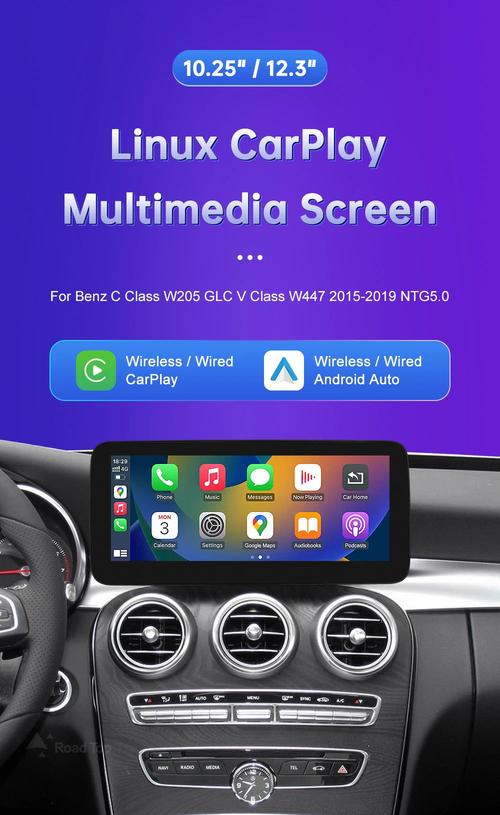 Linux CarPlay Screen for Mercedes-Benz W205 GLC V-Class | Wireless Android Auto