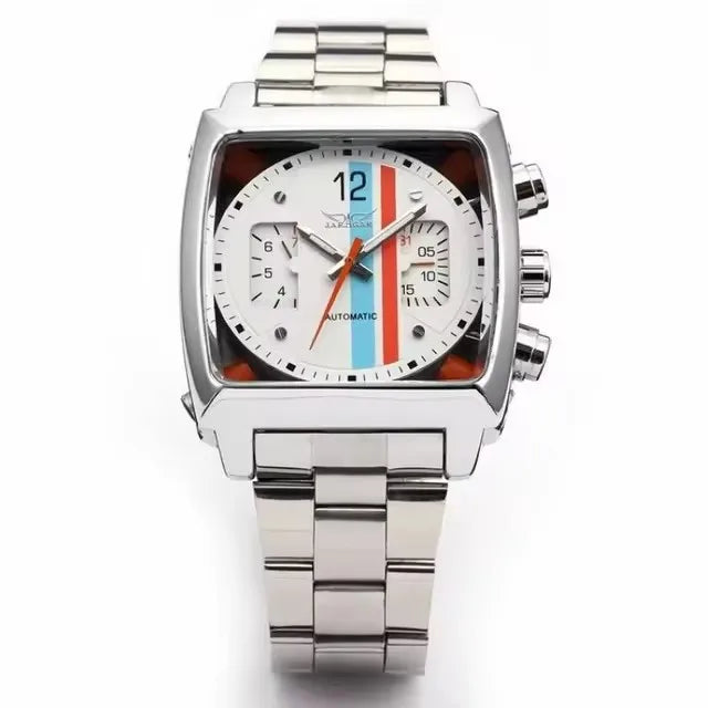 JARAGAR 569 Retro Square Dial Unique Men's Automatic Mechanical Watch Calendar Week Steel Strap Casual Men's Clock Reloj Hombre